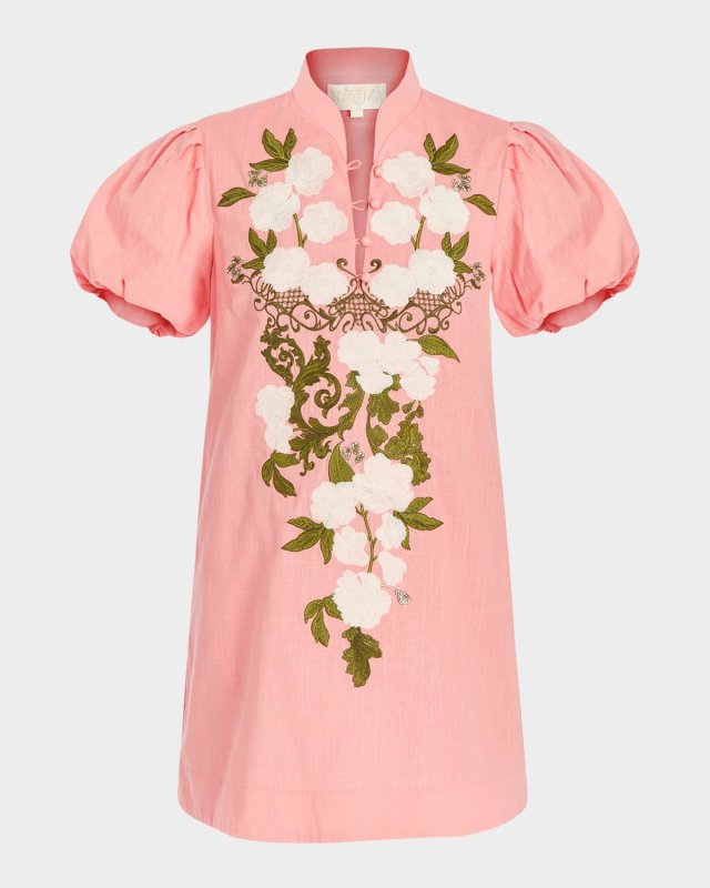 Elliana Puff-Sleeve Embroidered Mini Dress